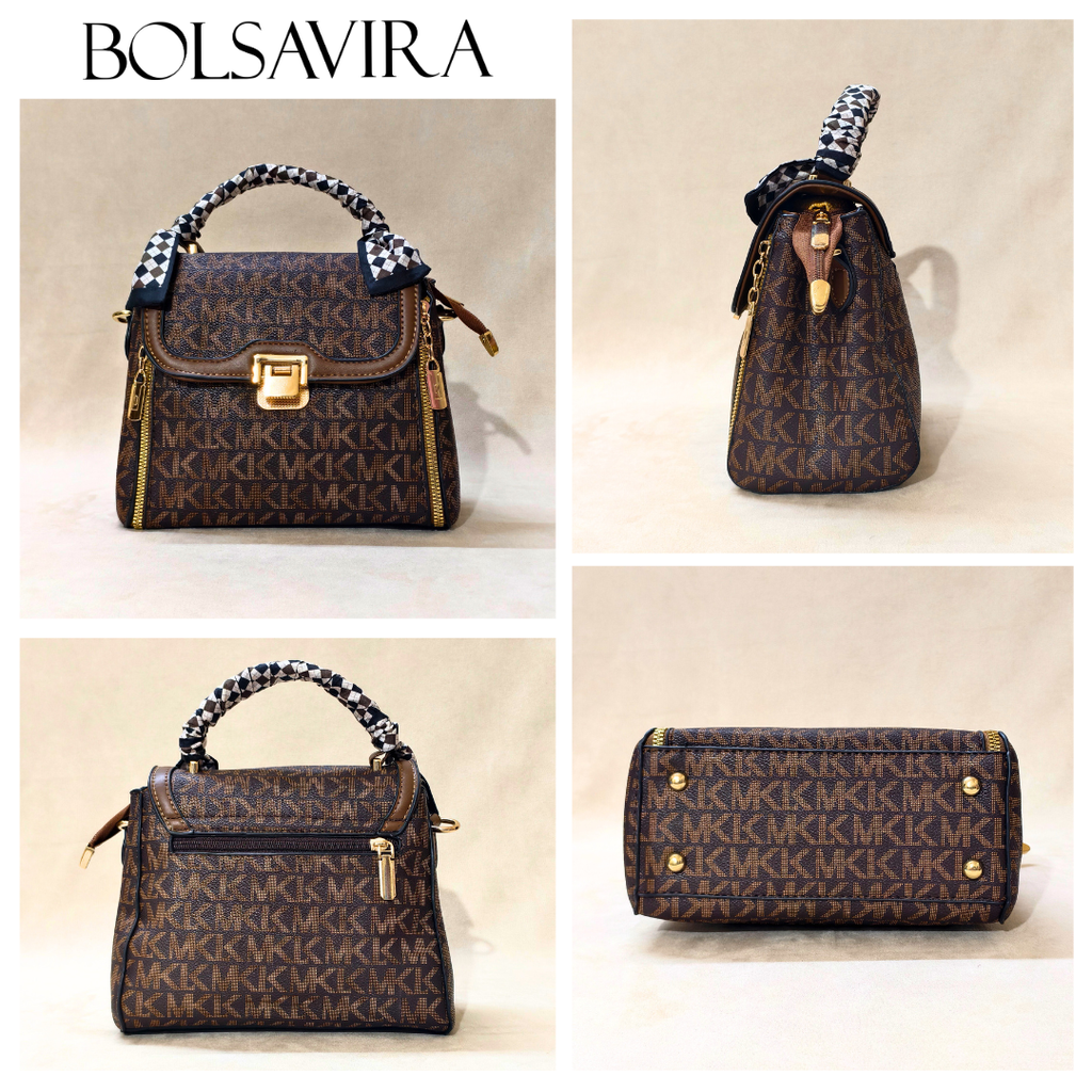 Collage of a brown handbag with a patterned handle, featuring the brand 'BOLSAVIRA'.