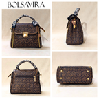Collage of a brown handbag with a patterned handle, featuring the brand 'BOLSAVIRA'.