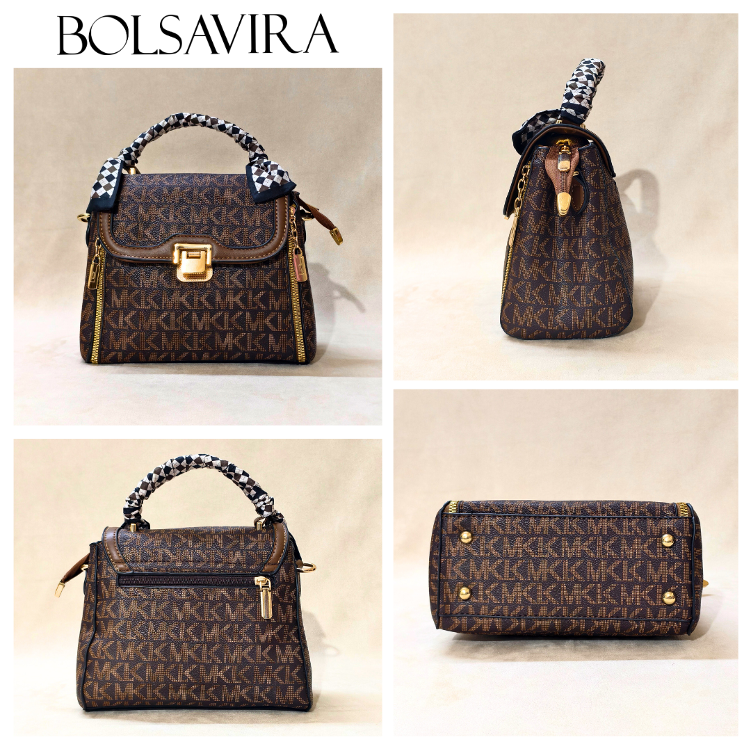 Collage of a brown handbag with a patterned handle, featuring the brand 'BOLSAVIRA'.