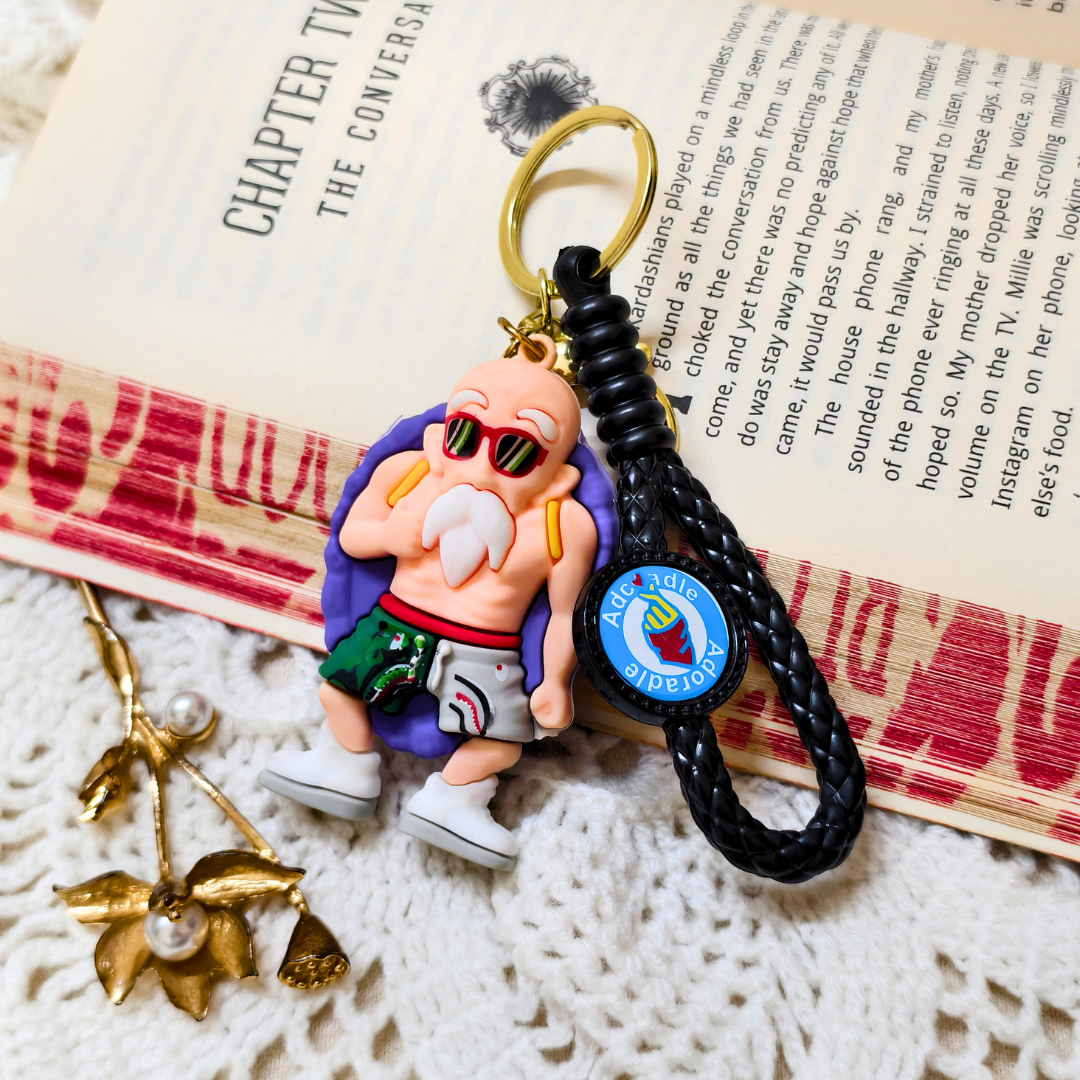 Master Roshi Keyring  With Props On  Crochet Background.