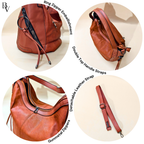 Brown leather bag with features highlighted on a beige background