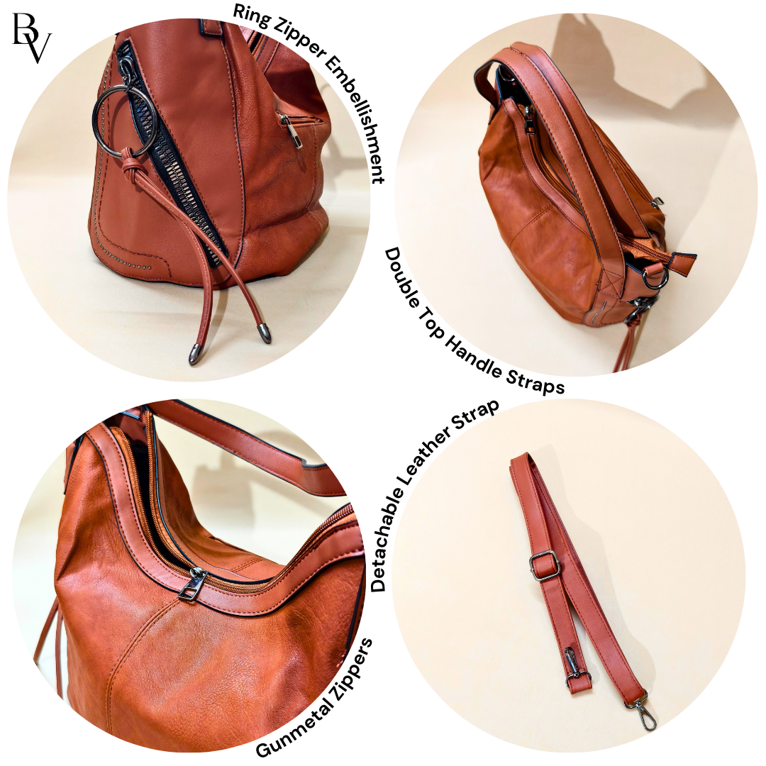 Brown leather bag with features highlighted on a beige background