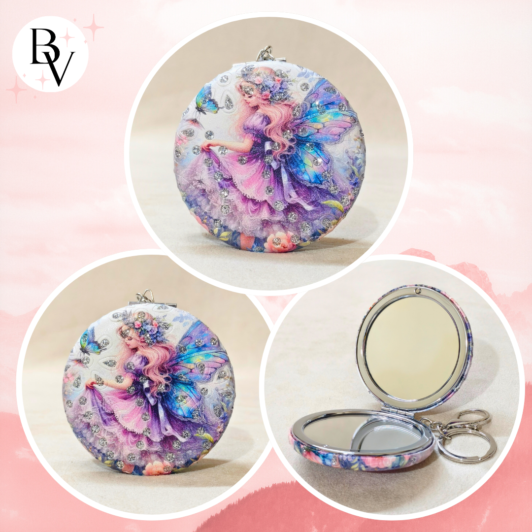 Compact mirror with fairy design on a pink background, featuring the brand 'BV'.