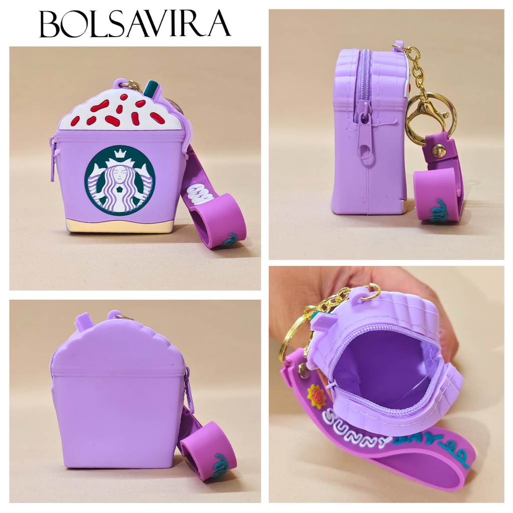 Collage of a purple Starbucks-themed pouch with a keychain, displayed from different angles on a beige background.