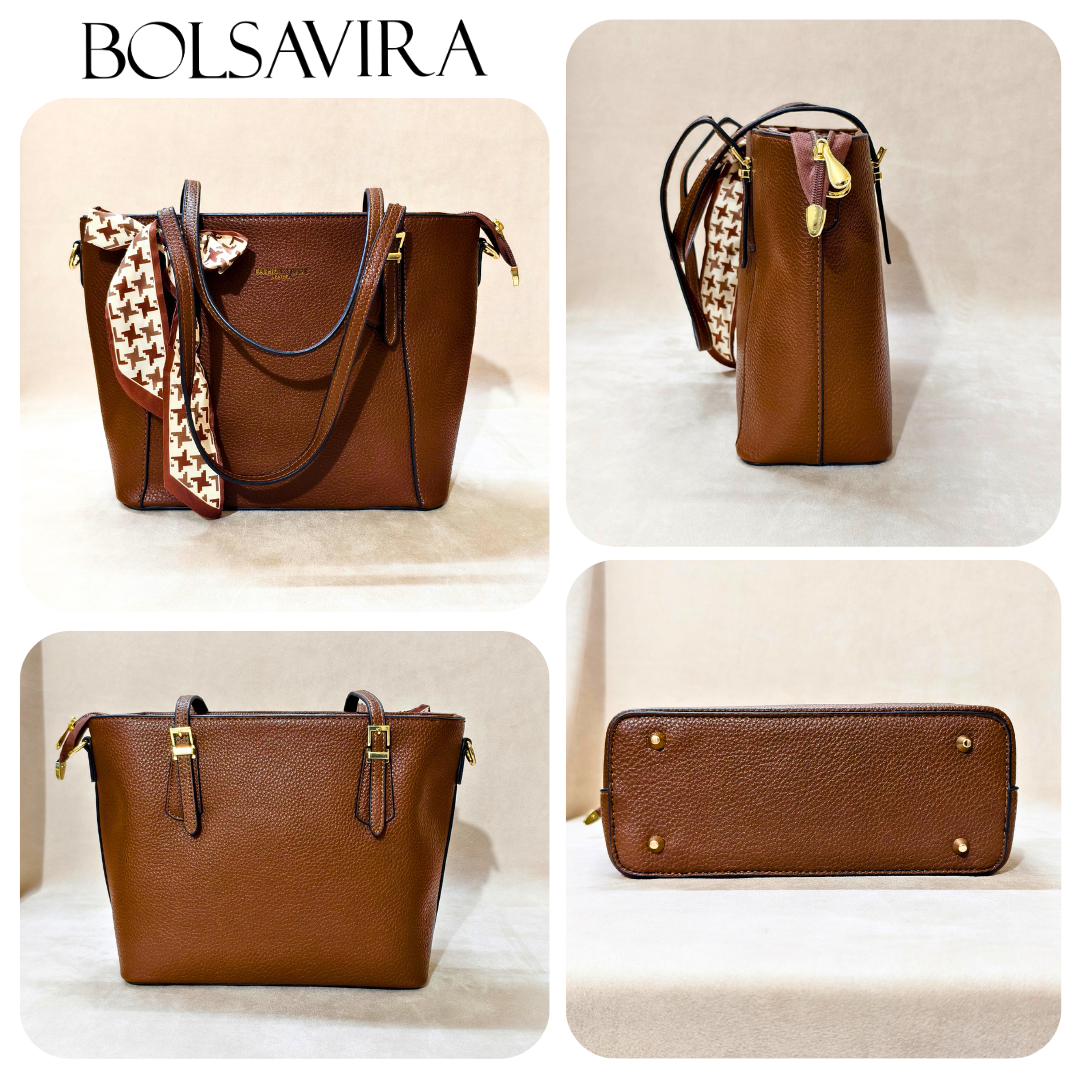Brown handbag with a scarf, shown from multiple angles on a beige background, featuring the brand 'Bolsavira'.
