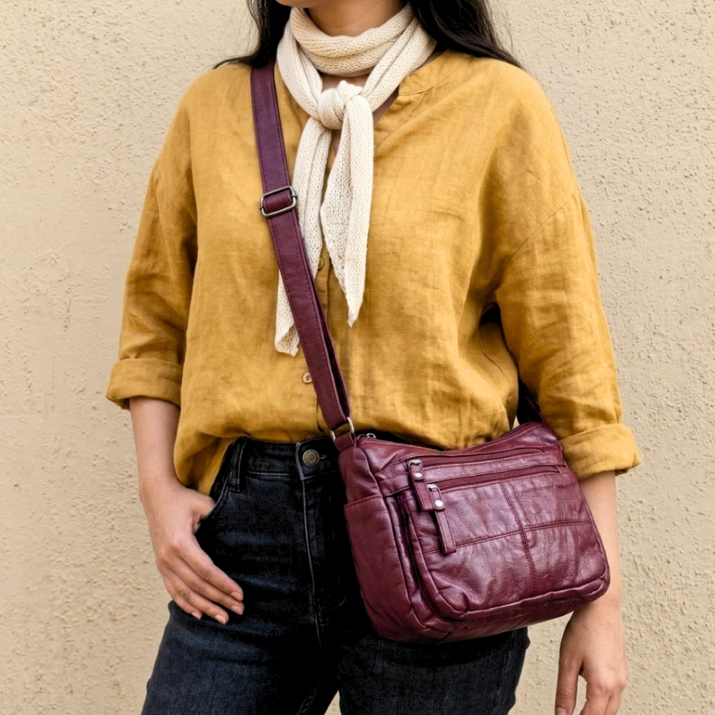Person wearing a mustard yellow shirt, dark jeans, and a white scarf, holding a purple leather bag against a beige wall.