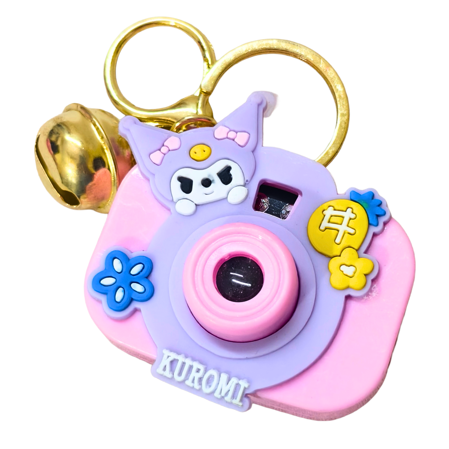 Pink and purple camera-shaped keychain with cartoon character and 'Kuromi' branding on a white background