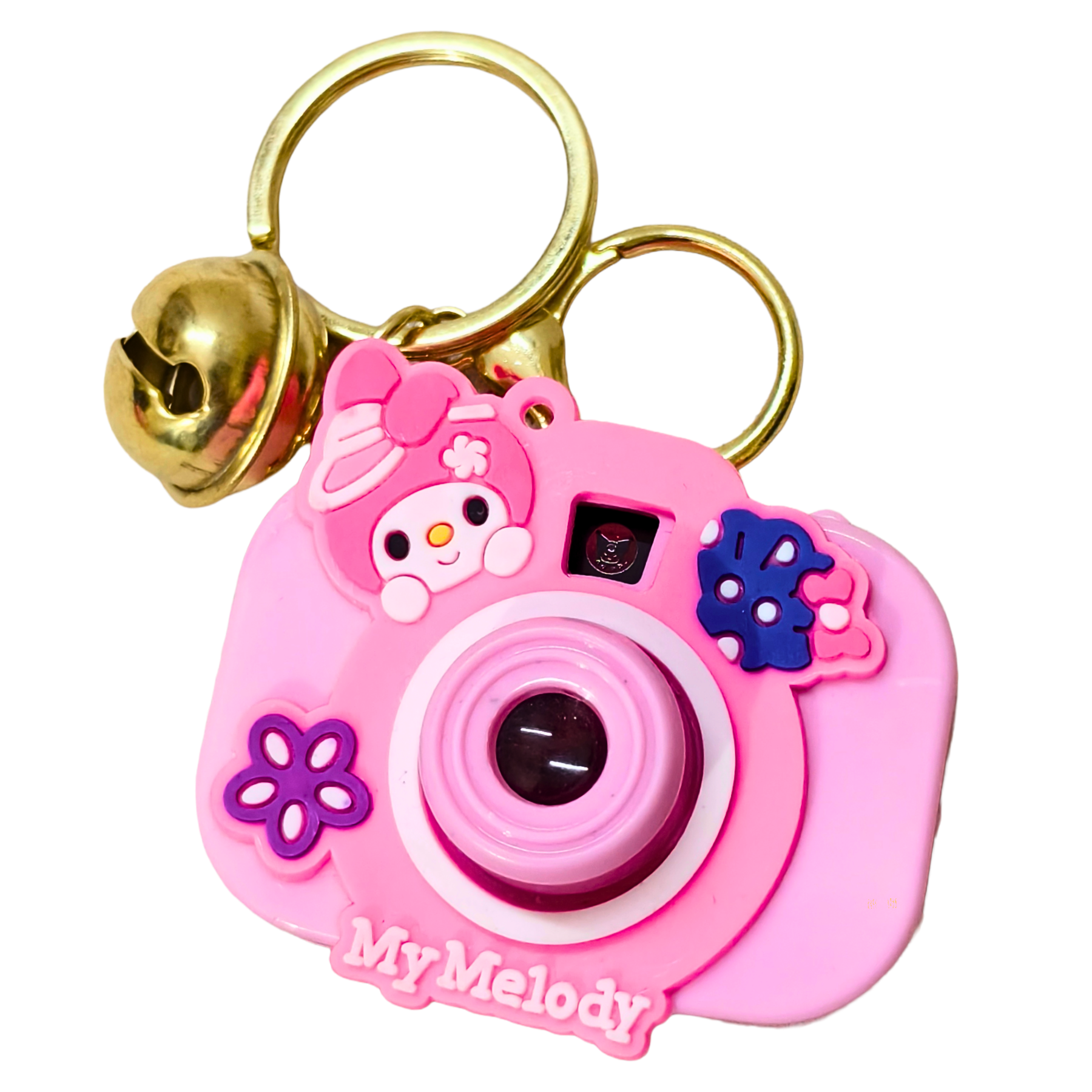 Pink camera-shaped keychain with a bell and 'My Melody' branding on a white background