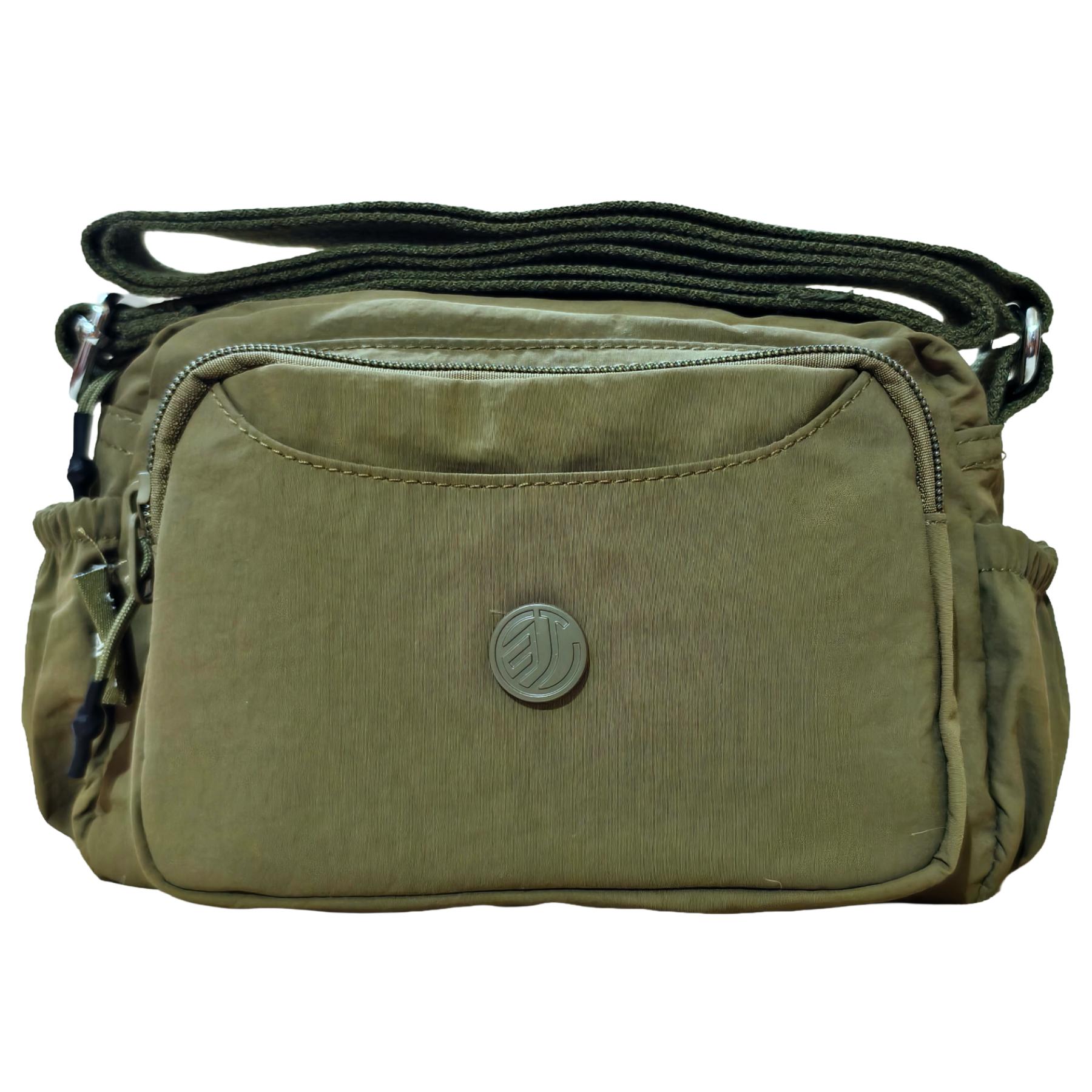 Military Green Sling Bag In Front Of White Background.