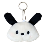 Plush keychain with black ears and white face on a white background