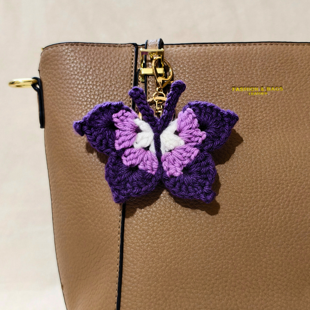 Purple Butterfly Handmade Crochet Keychain Charms, Sunflower Butterfly Heart Rose Designs, Acrylic Cotton Wool Blend, Gold-Tone Lobster Clasp, Bag Charm Accessory For Handbags