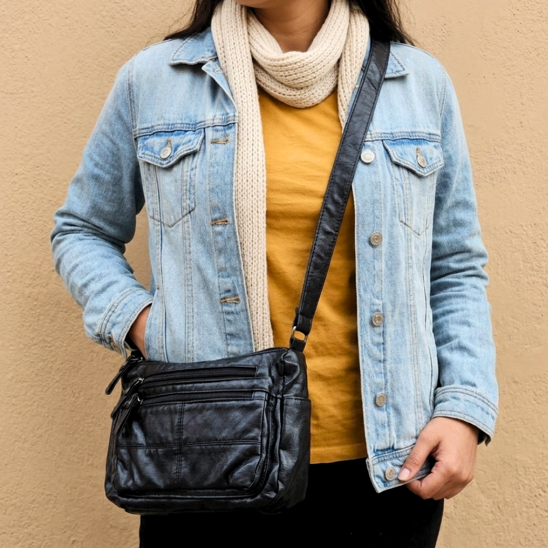 Person wearing a denim jacket, yellow shirt, and beige scarf holding a black crossbody bag against a beige background