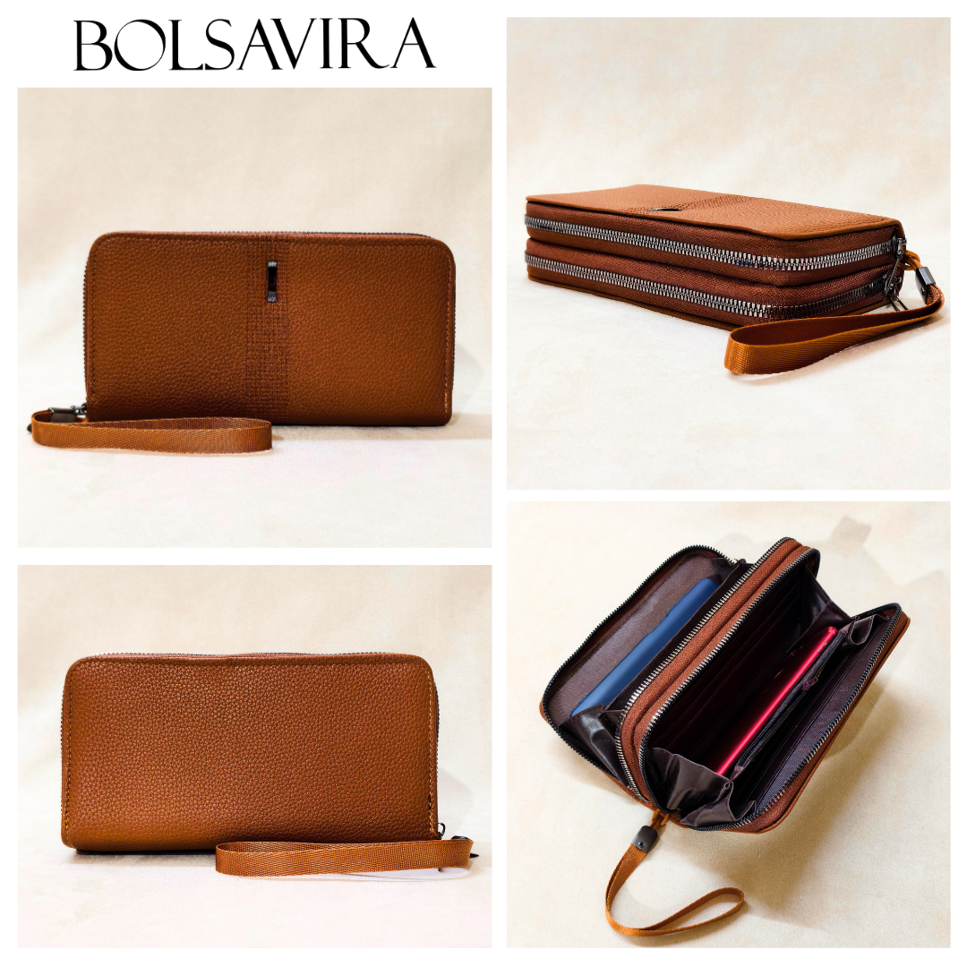 Collage of a brown leather wallet with a strap, open showing interior compartments, and close-up on beige background.