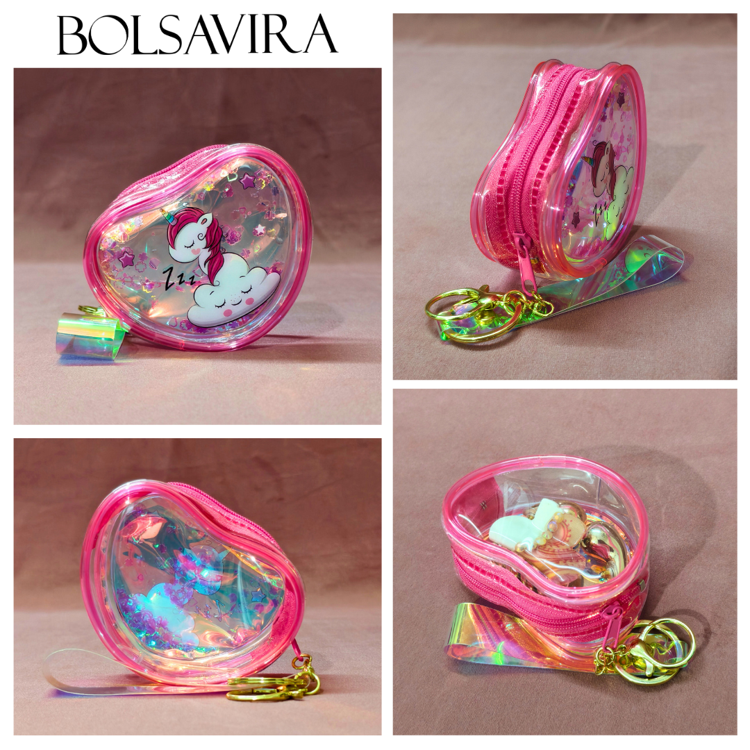 Collage of a pink and clear pouch with cartoon character design on a brown background, featuring the brand 'BOLSAVIRA'.