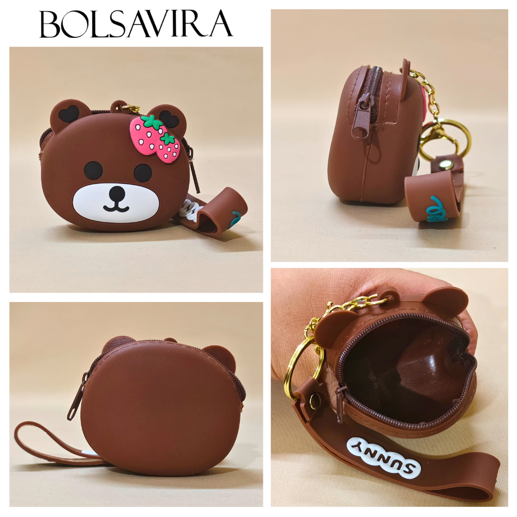 Collage of a brown bear-shaped pouch with a strawberry on a beige background, featuring the brand 'BOLSAVIRA'.