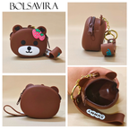 Collage of a brown bear-shaped pouch with a strawberry on a beige background, featuring the brand 'BOLSAVIRA'.