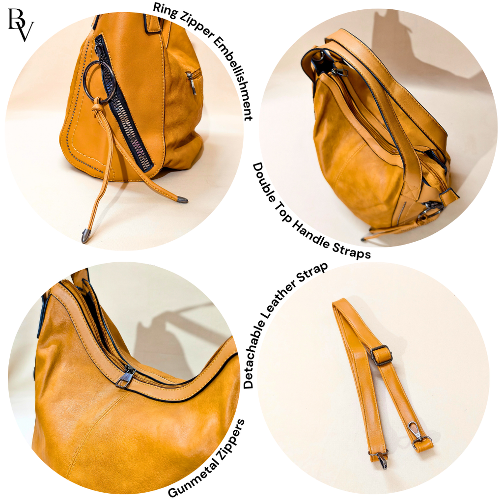 Collage of a tan handbag with features highlighted on a beige background