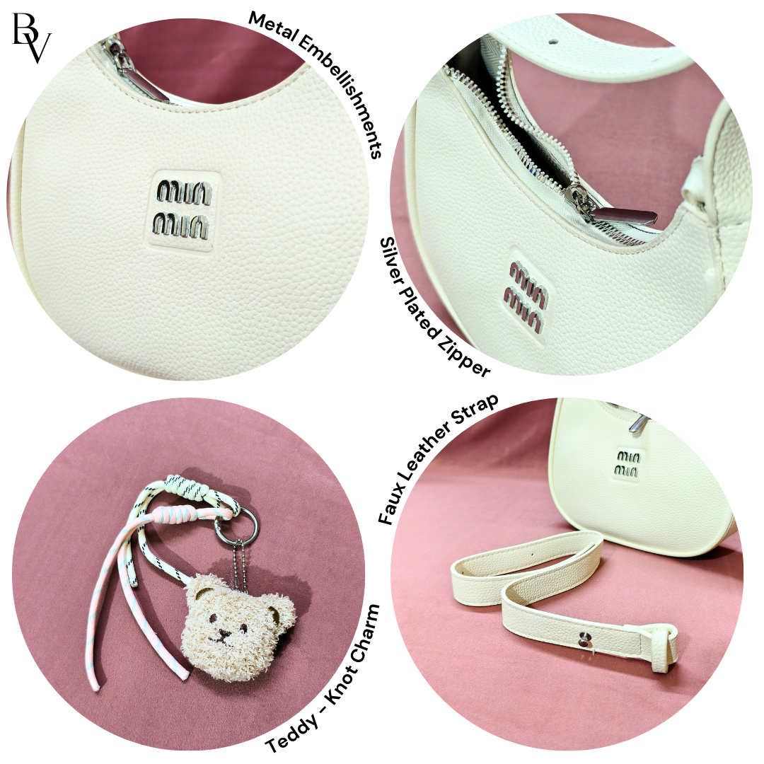 Collage of baby accessories including a white bib, teddy bear keychain, and faux leather strap on a pink background.