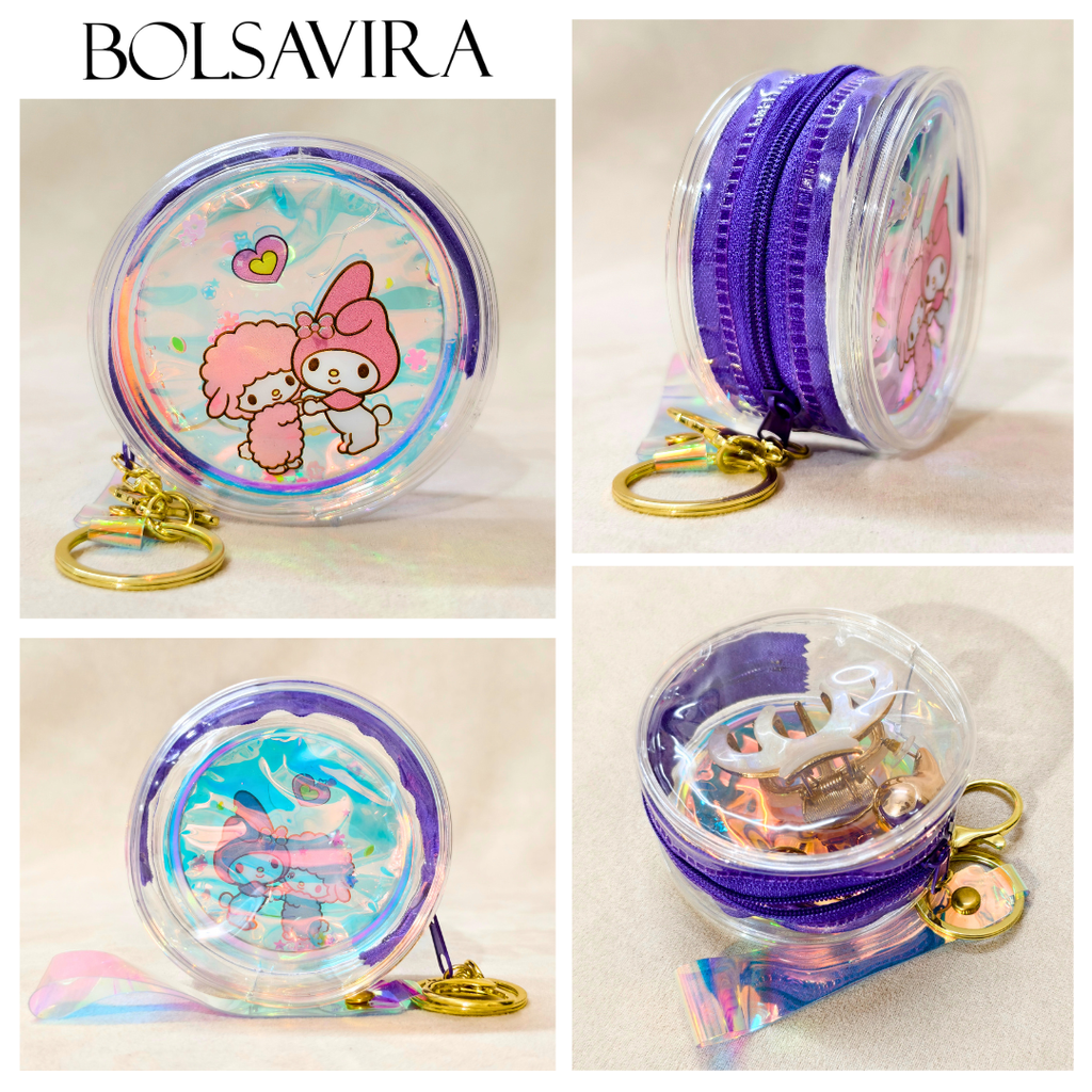 Collage of a colorful keychain with cartoon characters and a clear container, featuring the brand 'BOLSAVIRA'.