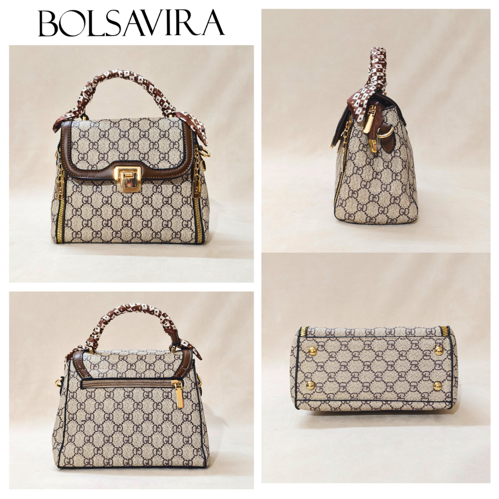 Collage of four handbags with 'BOLSAVIRA' branding on a beige background