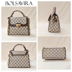 Collage of four handbags with 'BOLSAVIRA' branding on a beige background