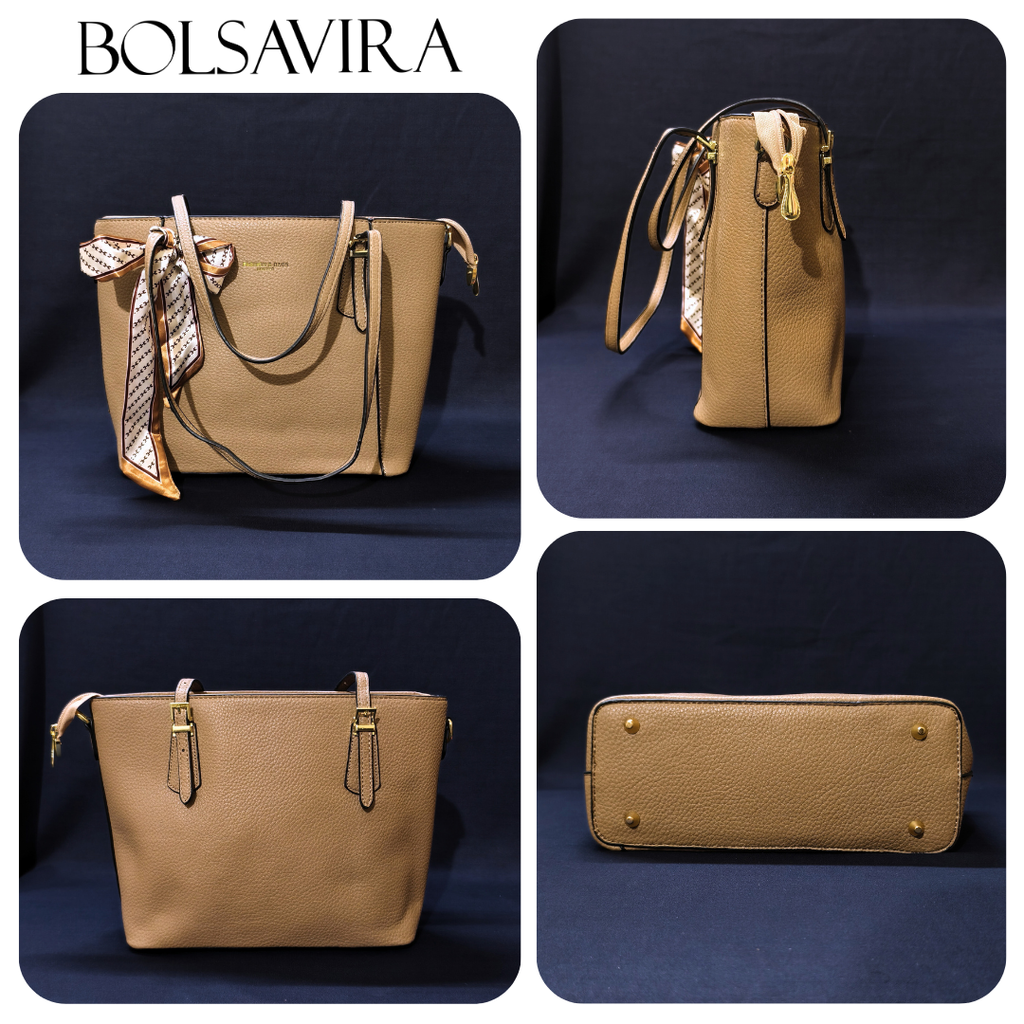 Collage of a beige handbag and wallet with visible brand 'BOLSAVIRA' on a dark blue background.