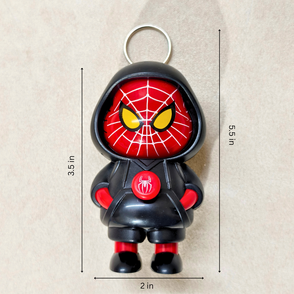 Spider-Man keychain with measurements on a beige background
