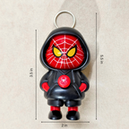 Spider-Man keychain with measurements on a beige background