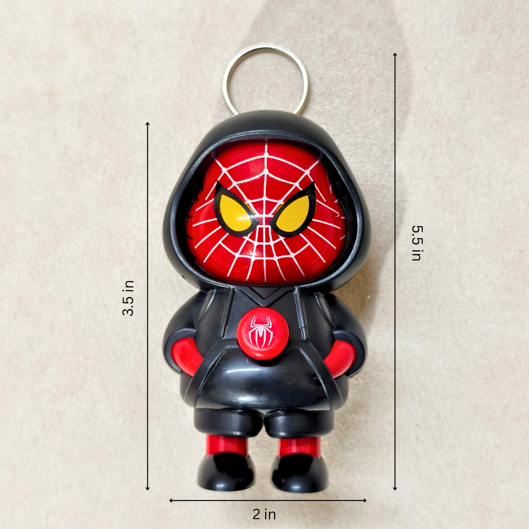 Spider-Man keychain with measurements on a beige background