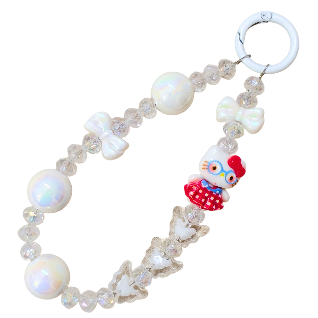 Kitty Red Crystal Resin Phone Charm with Beaded Loop For Women and Girls, Detachable Keyring, Glossy Finish, Cute Floral and Character Style, for Handbag, Backpack or Keys