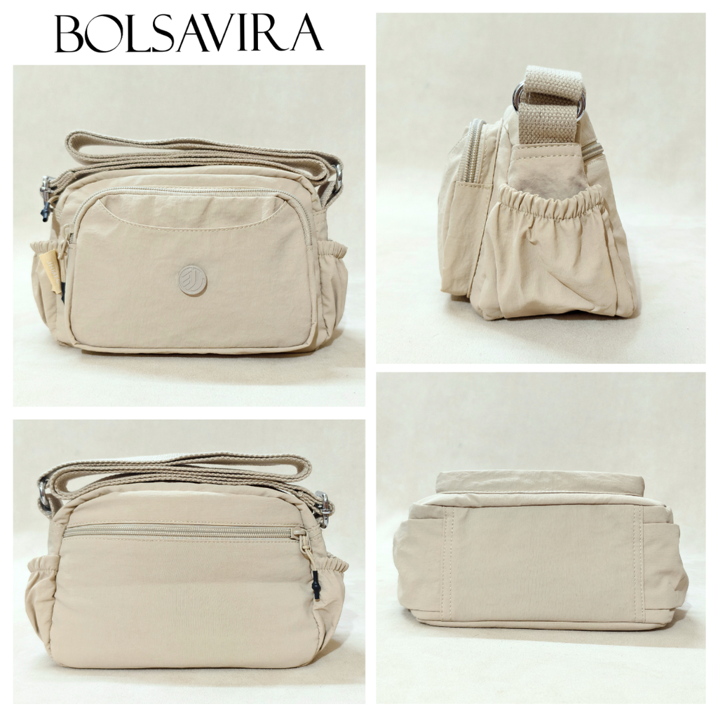 Khaki Beige Sling Bag With Different Angles In Front Of Beige Background.