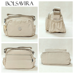 Khaki Beige Sling Bag With Different Angles In Front Of Beige Background.