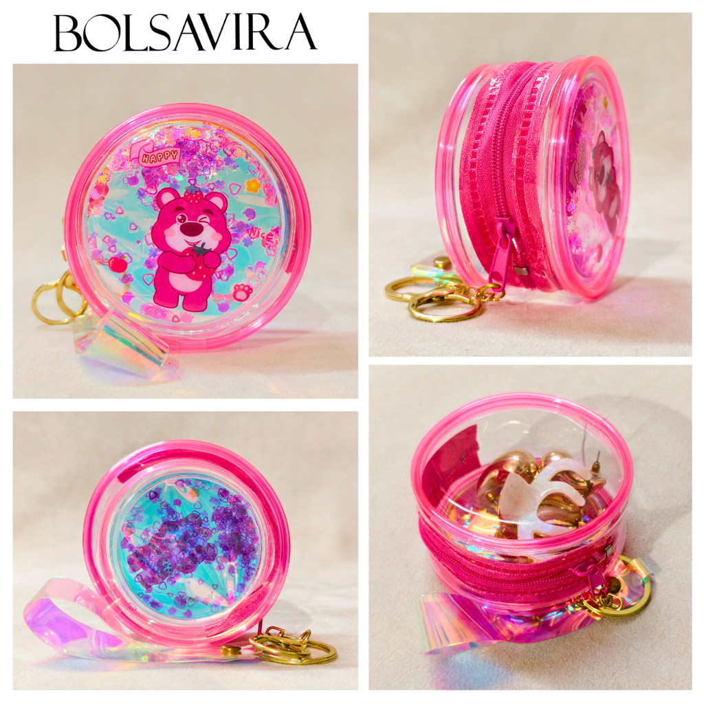 Collage of a pink hair tie holder with a bear design, featuring the brand 'BOLSAVIRA'.