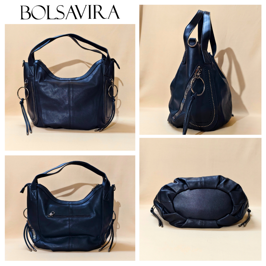 Collage of a blue leather handbag with different angles on a beige background, featuring the brand 'BOLSAVIRA'.