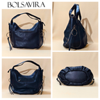 Collage of a blue leather handbag with different angles on a beige background, featuring the brand 'BOLSAVIRA'.