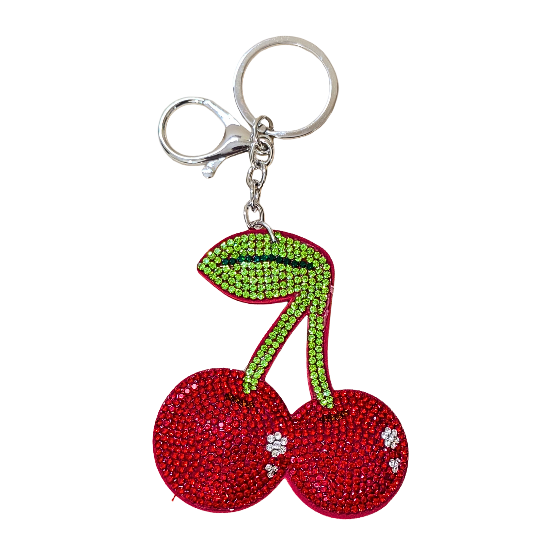 Red Shiny Cherry keychain with a metal latch placed in front of a white background