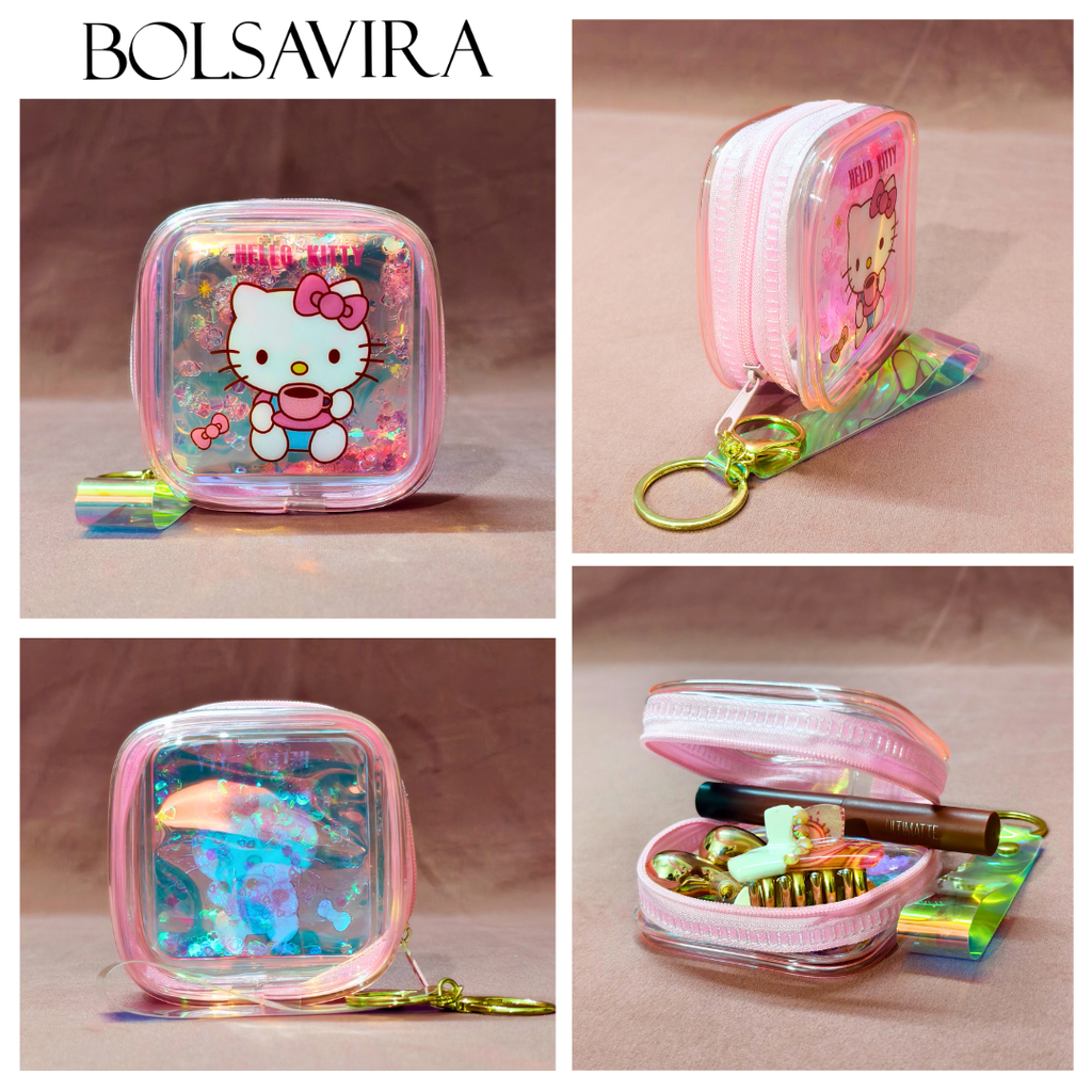 Collage of a pink keychain case with a cartoon character, open to reveal colorful contents, on a beige background.