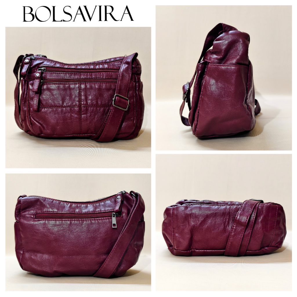 Collage of a purple leather bag by Bolsavira on a beige background