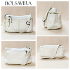 Collage of a white handbag with various angles on a beige background, featuring the brand 'Bolsavira'.