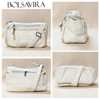 Collage of white bags with BOLSAVIRA branding on a beige background