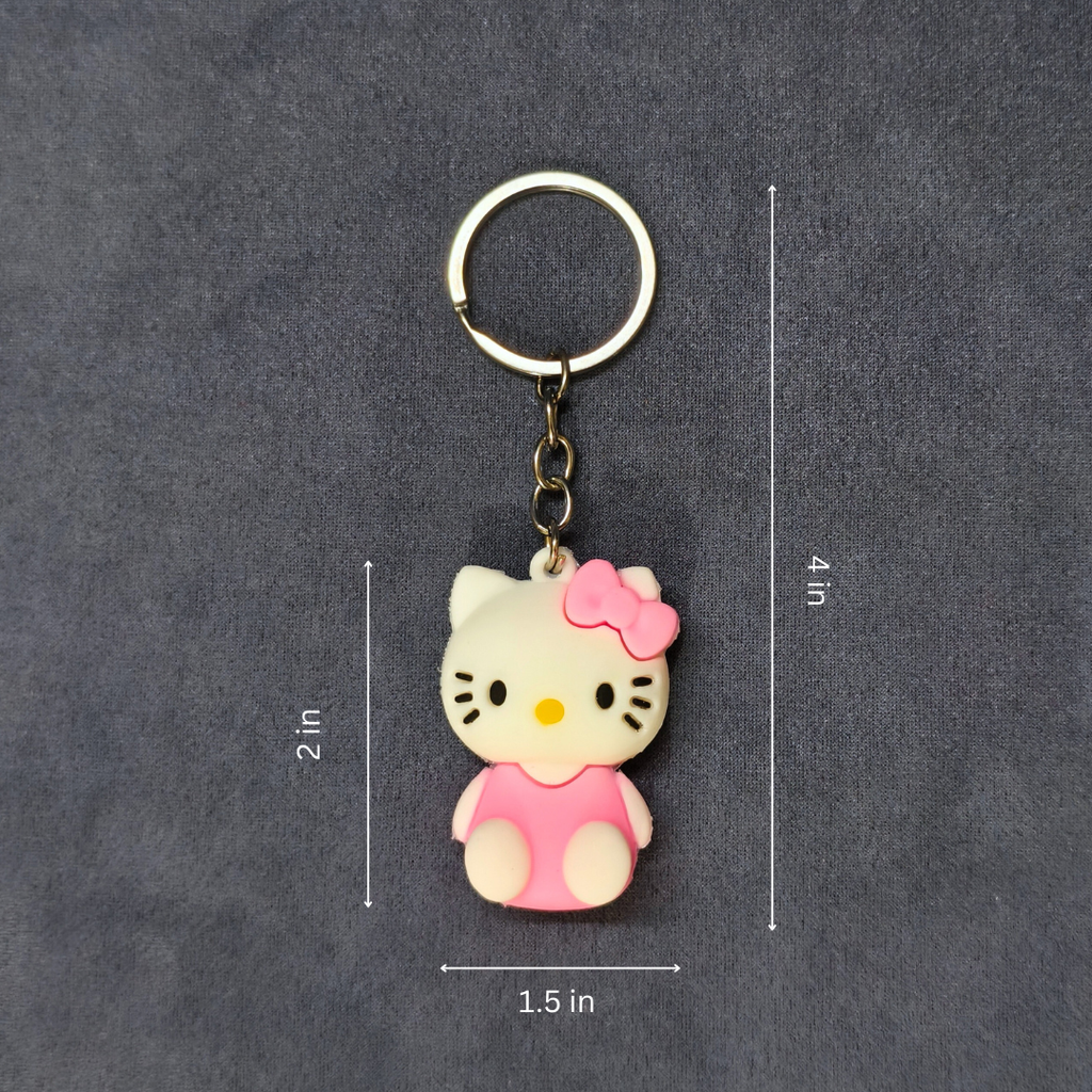 Keychain with Hello Kitty design and measurements on a gray background