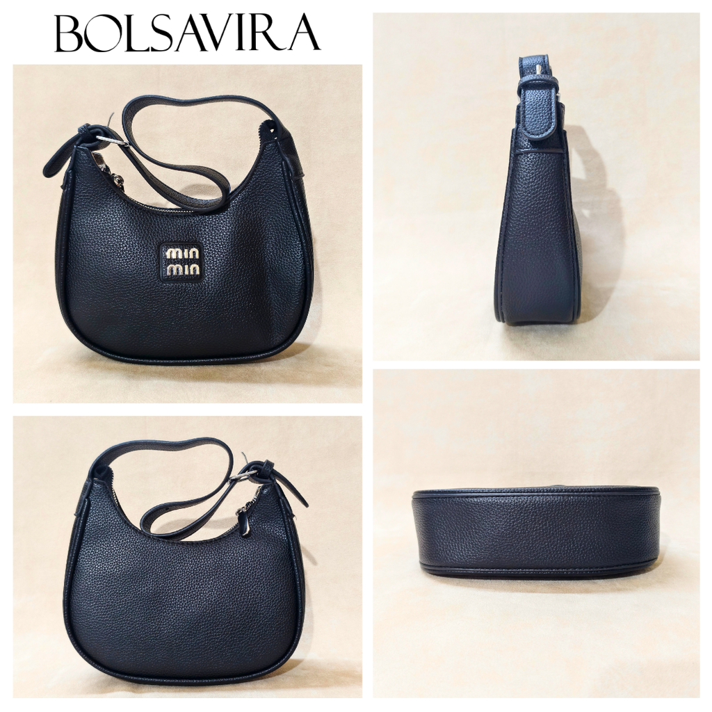 Collage of a black handbag with visible brand name on a beige background