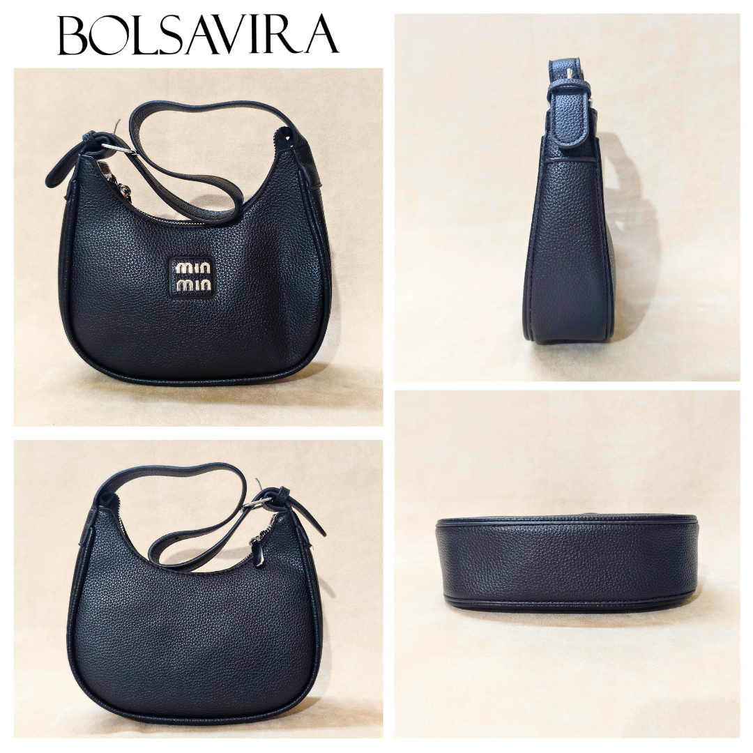 Collage of a black handbag with visible brand name on a beige background