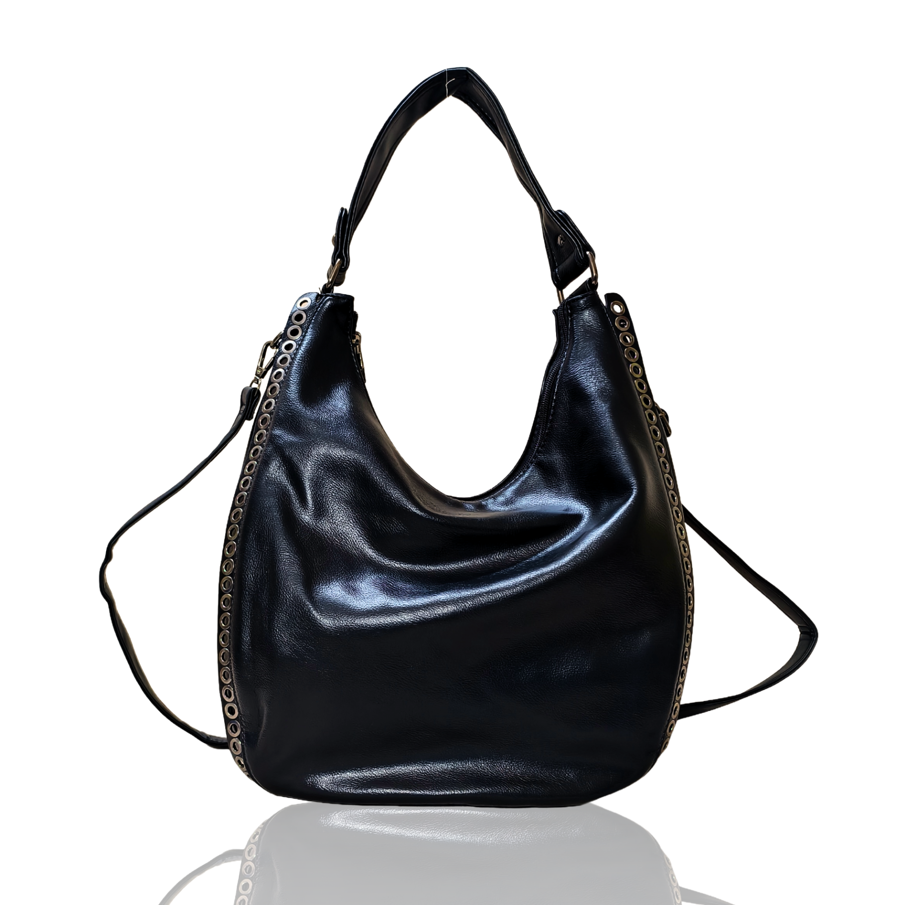 Black leather handbag with decorative chain details on a white background