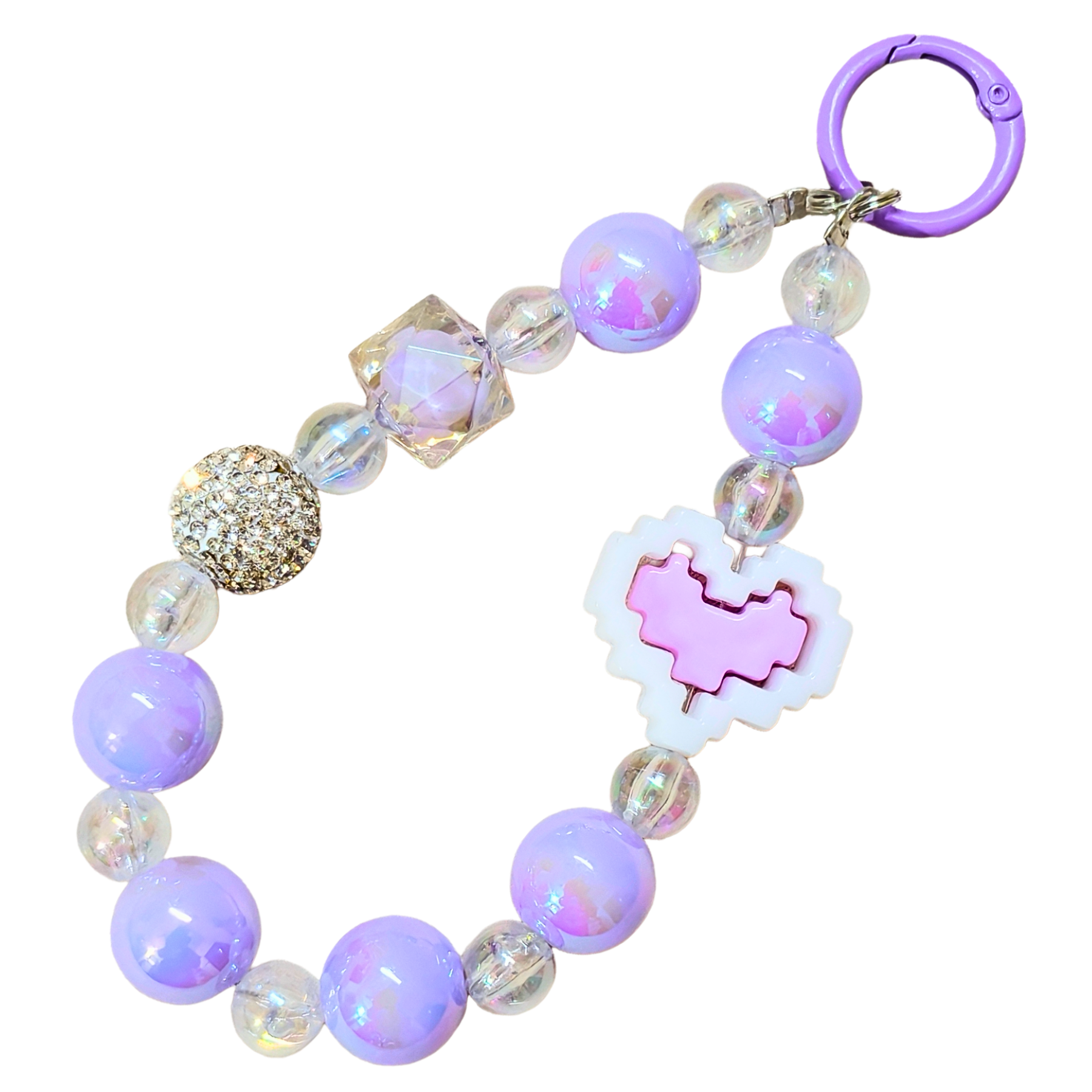 Glowing purple beaded keychain with heart-shaped charm on a white background