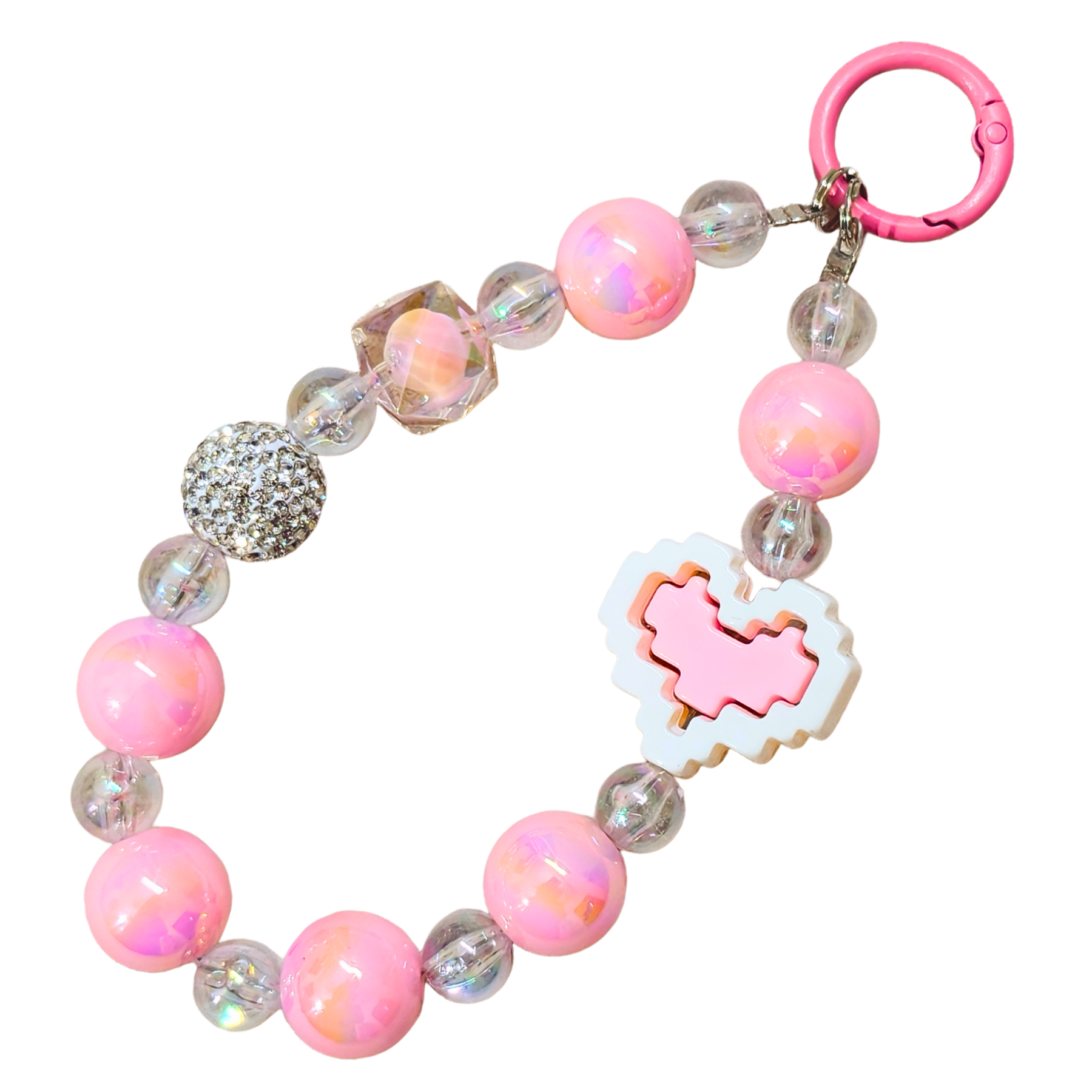 Pink beaded bracelet with a heart charm on a white background