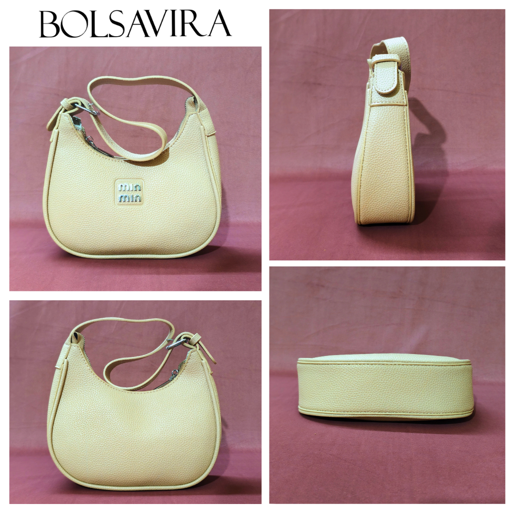 Collage of a beige handbag with different angles on a pink background, featuring the brand 'BOLSAVIRA'.