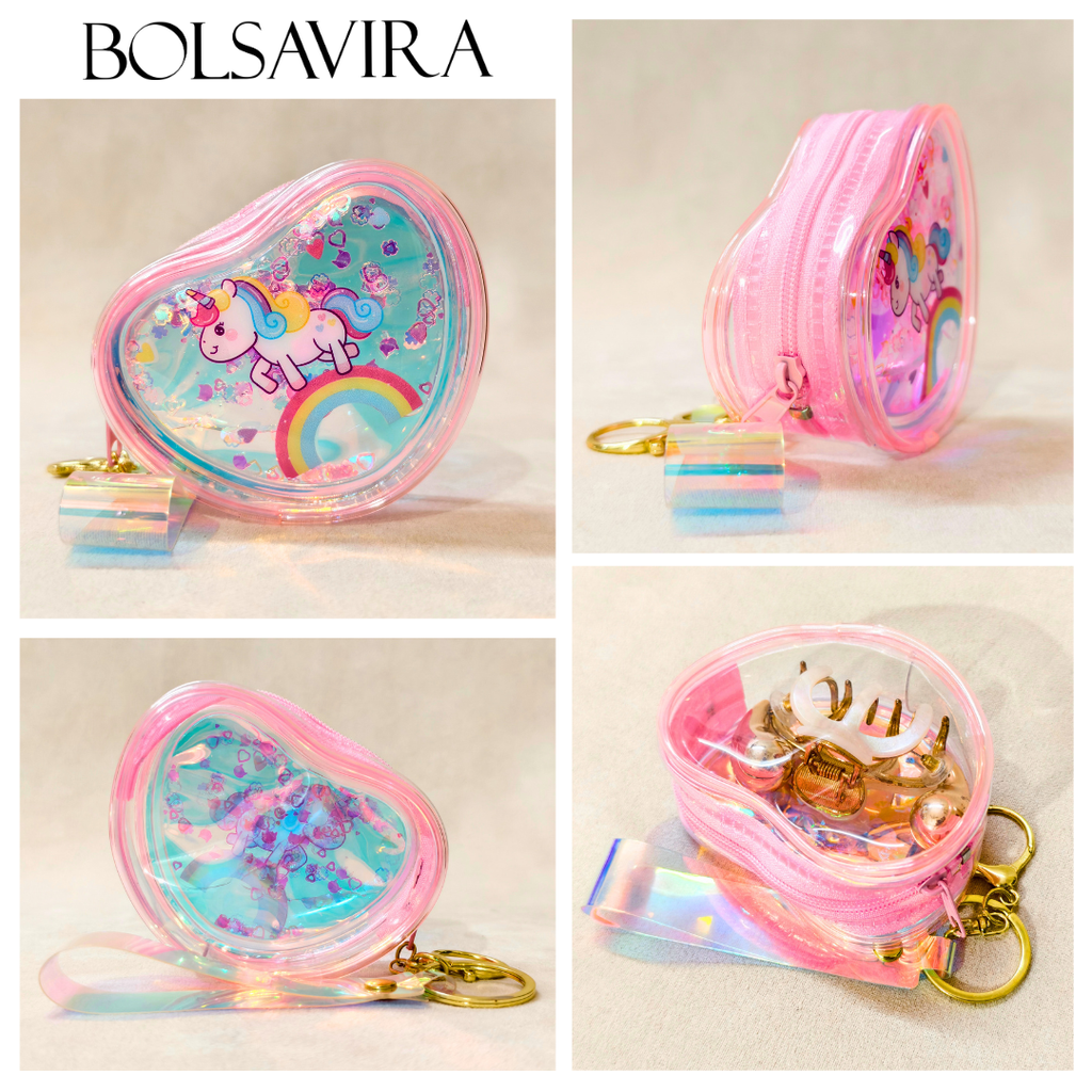 Heart-shaped pouch with unicorn design and keychain, featuring Bolsavira brand.