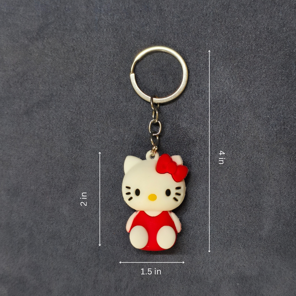 Keychain with cartoon character measurement on a dark gray background
