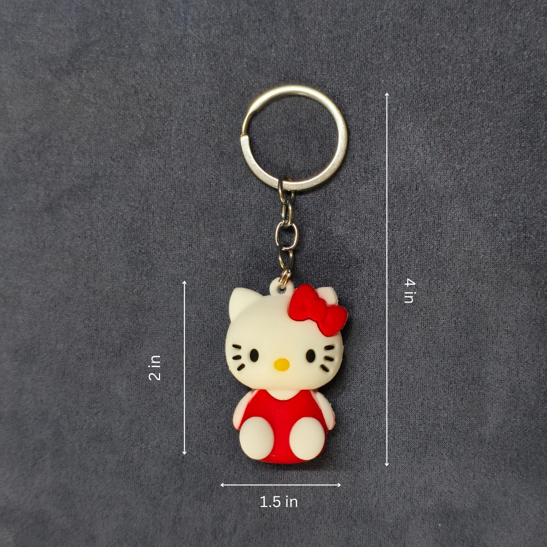 Keychain with cartoon character measurement on a dark gray background